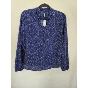 August Mist Womens Medium Blouse Navy Blue White Polka Dot Choker Keyhole Neck